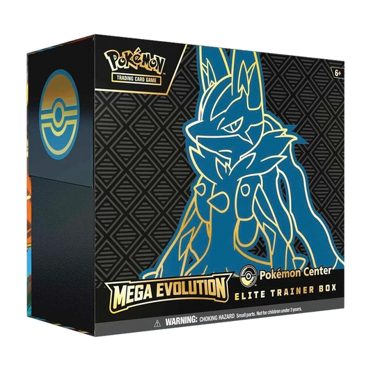 A black Pokemon Center Elite Trainer Box featuring a gold outline of Mega Lucario.