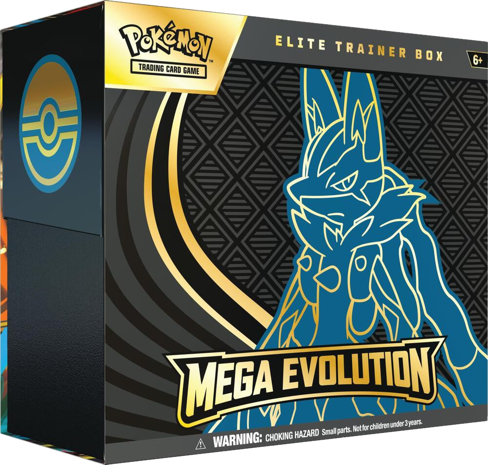 A Pokemon Mega Evolution Elite Trainer Box featuring a blue and gold illustration of Mega Lucario.
