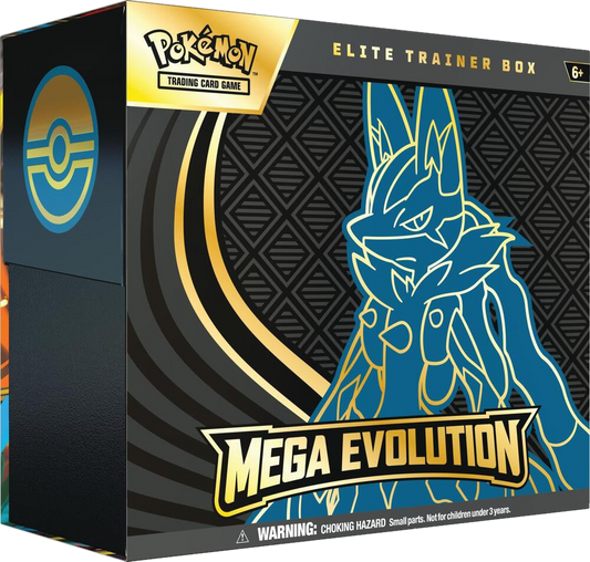 A Pokemon Mega Evolution Elite Trainer Box featuring a blue and gold illustration of Mega Lucario.