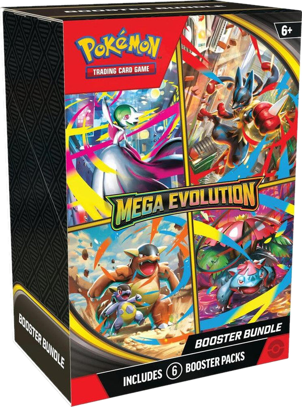 A Pokemon Mega Evolution booster bundle box containing six trading card game booster packs.