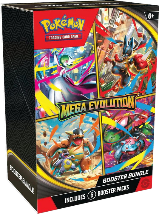 A Pokemon Mega Evolution booster bundle box containing six trading card game booster packs.