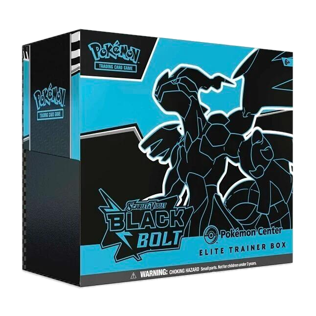 A Pokemon Black Bolt Elite Trainer Box featuring a stylized black dragon on a blue background.
