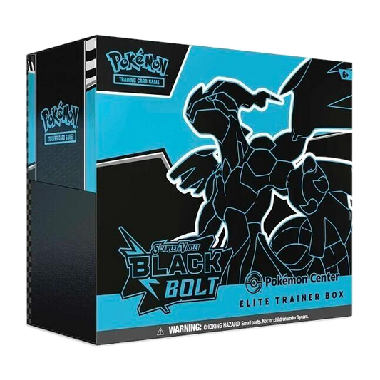 A Pokemon Black Bolt Elite Trainer Box featuring a stylized black dragon on a blue background.