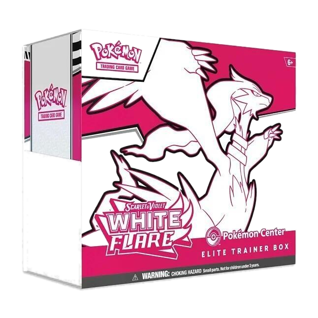 A Pokemon White Flare Elite Trainer Box featuring a stylized white dragon on a pink background.