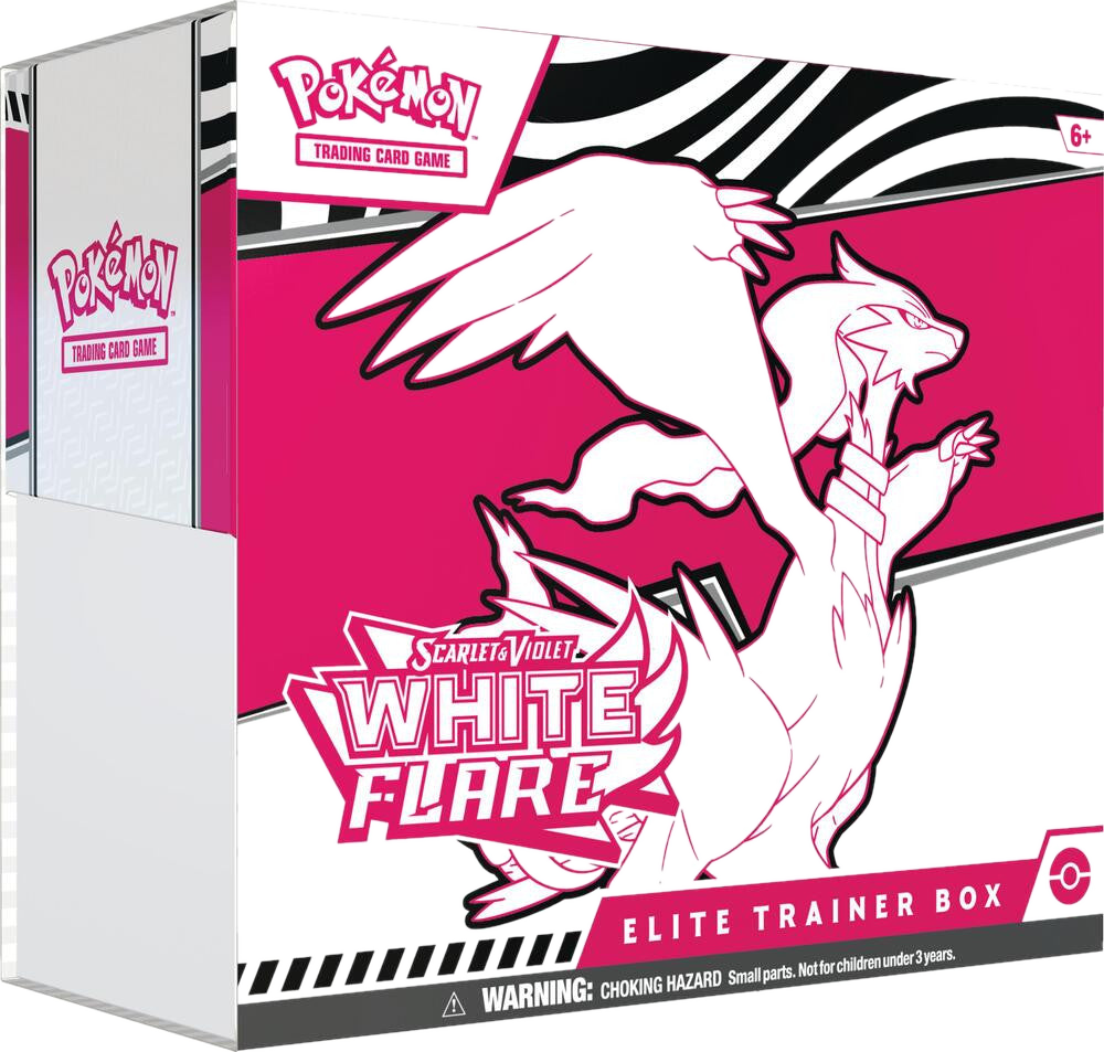 A Pokemon White Flare Elite Trainer Box featuring a stylized white Reshiram on a pink background.