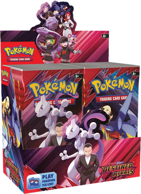 A Pokemon Destined Rivals booster box featuring Mewtwo and Team Rocket characters on the packaging.