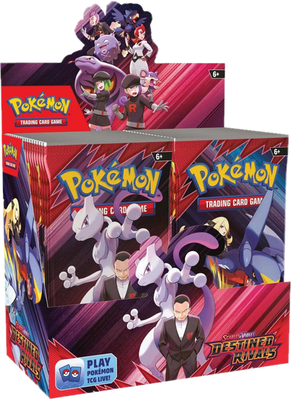 A Pokemon Destined Rivals booster box featuring Mewtwo and Team Rocket characters on the packaging.