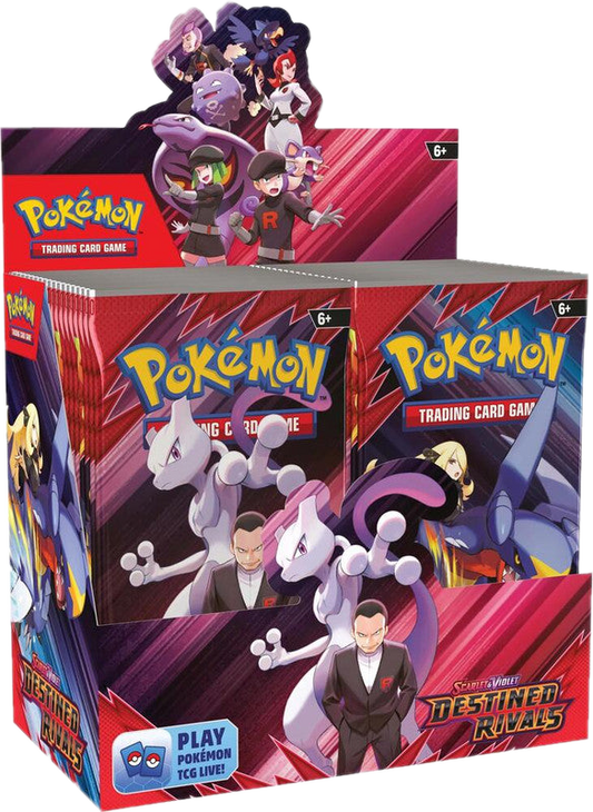 A Pokemon Destined Rivals booster box featuring Mewtwo and Team Rocket characters on the packaging.