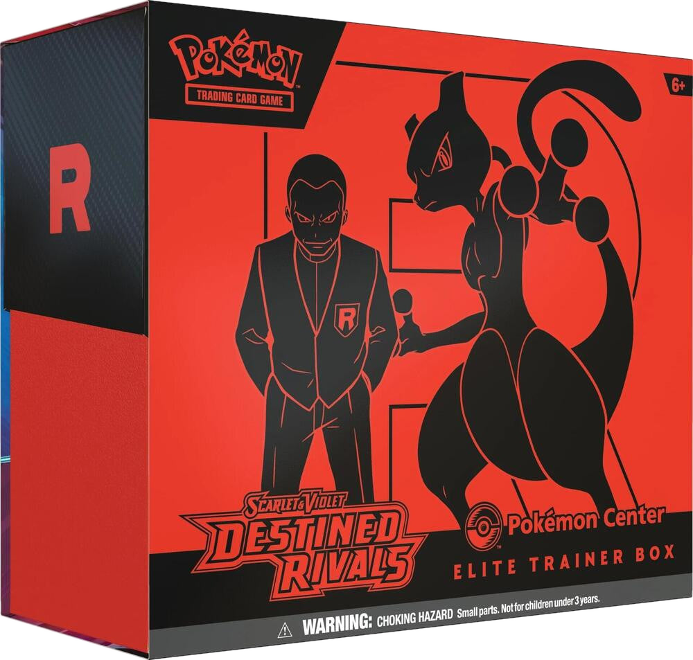 A red and black Pokemon Center Elite Trainer Box featuring Giovanni and Mewtwo.