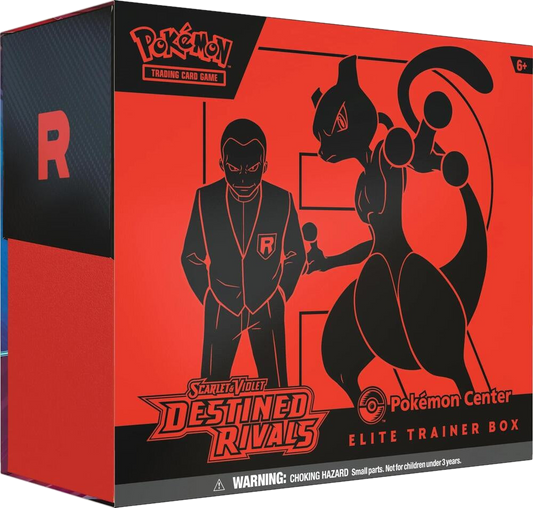 A red and black Pokemon Center Elite Trainer Box featuring Giovanni and Mewtwo.