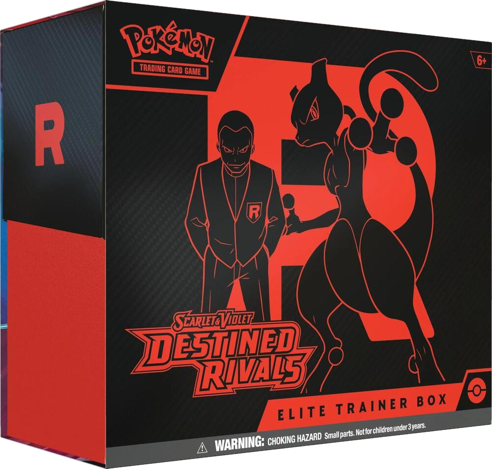 A black and red Pokemon Destined Rivals Elite Trainer Box featuring Giovanni and Mewtwo.