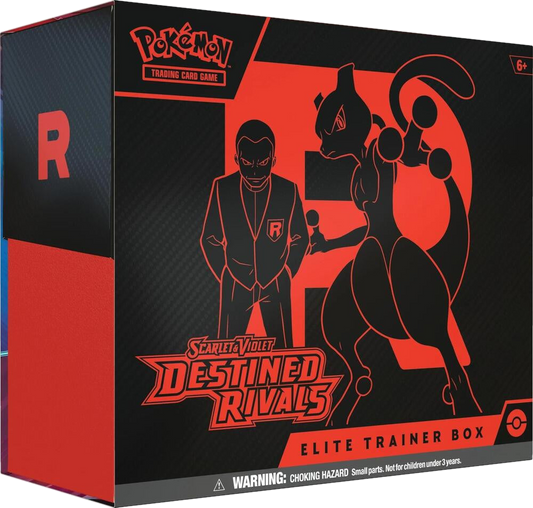 A black and red Pokemon Destined Rivals Elite Trainer Box featuring Giovanni and Mewtwo.