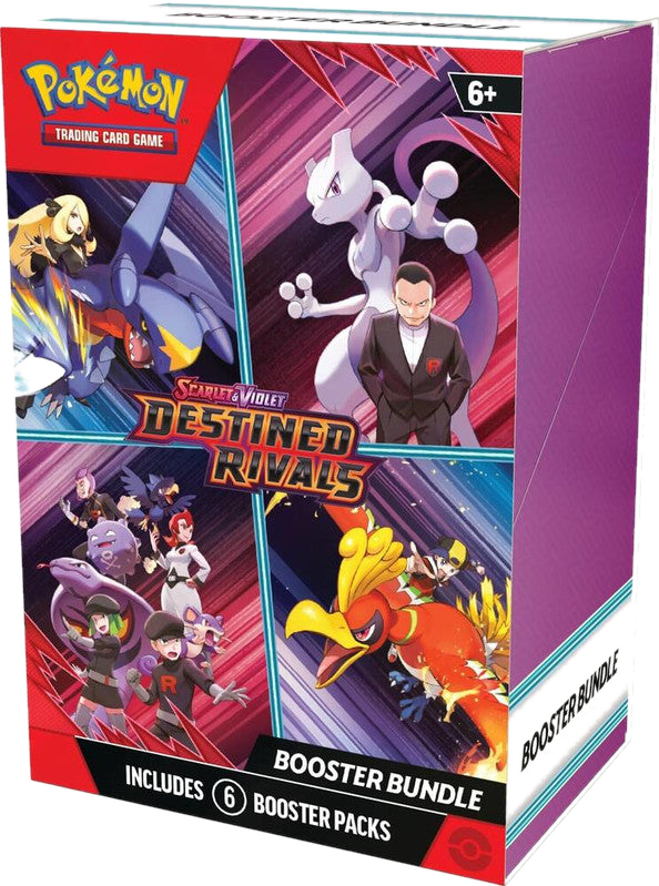 A Pokemon Destined Rivals booster bundle box featuring artwork of various trainers and Pokemon.