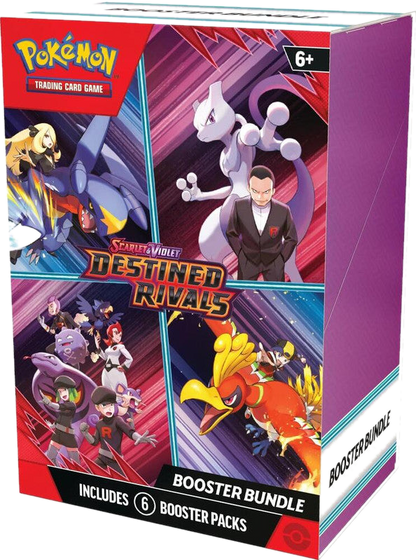 A Pokemon Destined Rivals booster bundle box featuring artwork of various trainers and Pokemon.