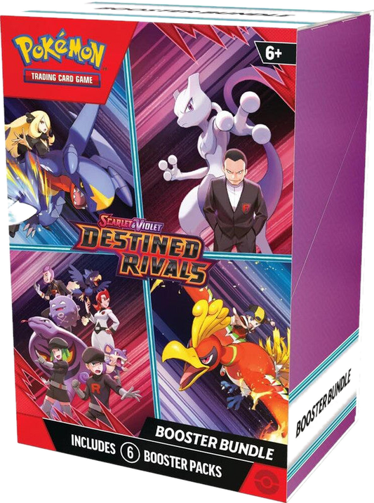 A Pokemon Destined Rivals booster bundle box featuring artwork of various trainers and Pokemon.