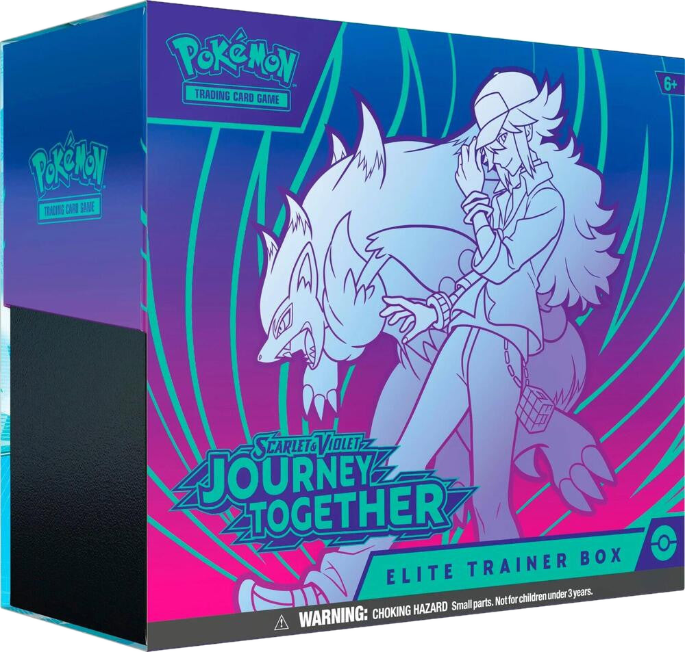 A Pokemon Journey Together Elite Trainer Box featuring a stylized illustration of a trainer and wolf.