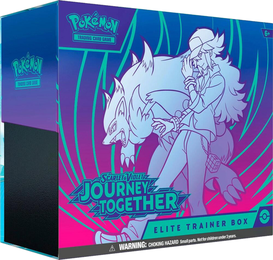 A Pokemon Journey Together Elite Trainer Box featuring a stylized illustration of a trainer and wolf.