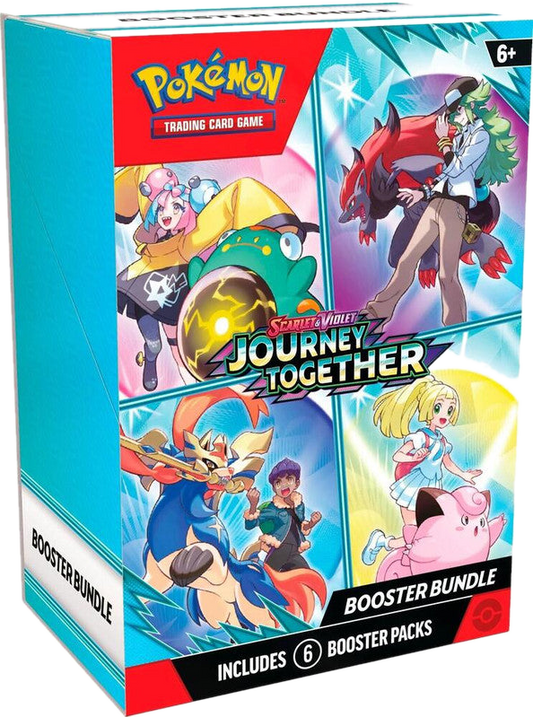 A Pokemon Journey Together booster bundle box featuring illustrations of various trainers and Pokemon.
