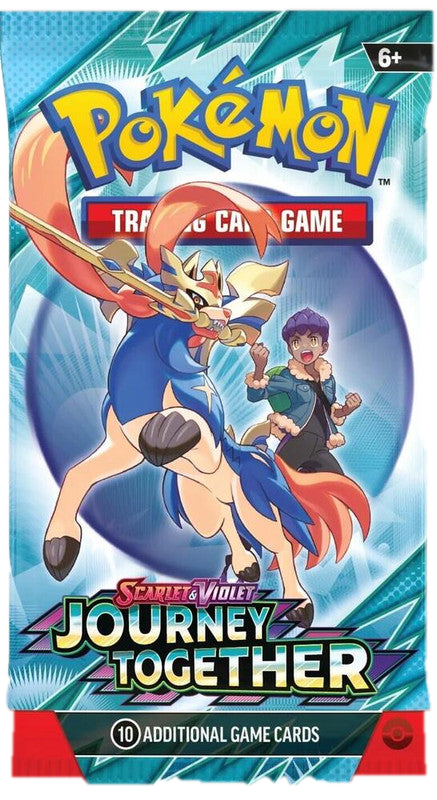 A Pokemon Journey Together booster pack featuring Zacian and Hop on the front.