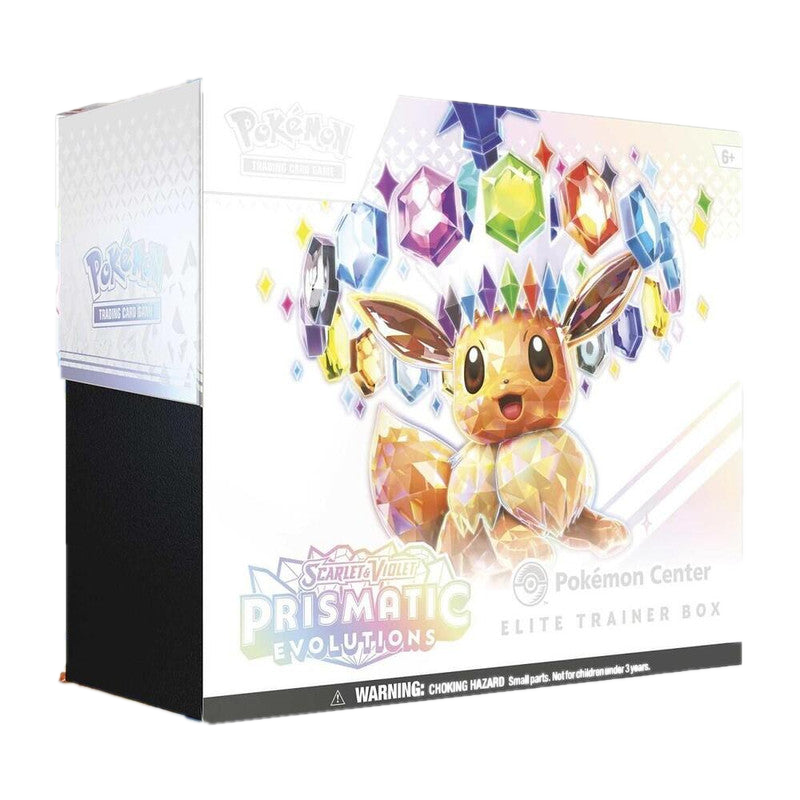 A Pokemon Center Elite Trainer Box featuring a crystalline Eevee surrounded by colorful gems.