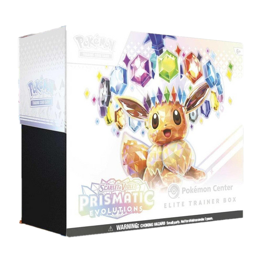 A Pokemon Center Elite Trainer Box featuring a crystalline Eevee surrounded by colorful gems.