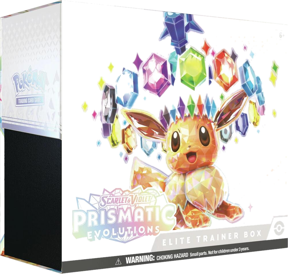 A Pokemon Prismatic Evolutions Elite Trainer Box featuring a crystalline Eevee on the cover.