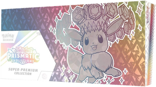 A Pokemon Prismatic Evolutions Super Premium Collection box featuring Eevee with crystal accents.
