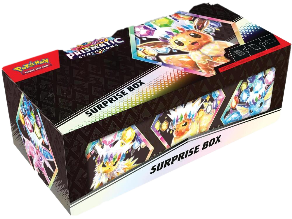 A Pokemon Prismatic Evolutions Surprise Box featuring colorful Eevee evolution artwork.