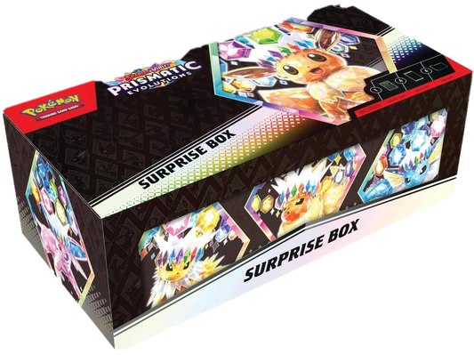 A Pokemon Prismatic Evolutions Surprise Box featuring colorful Eevee evolution artwork.