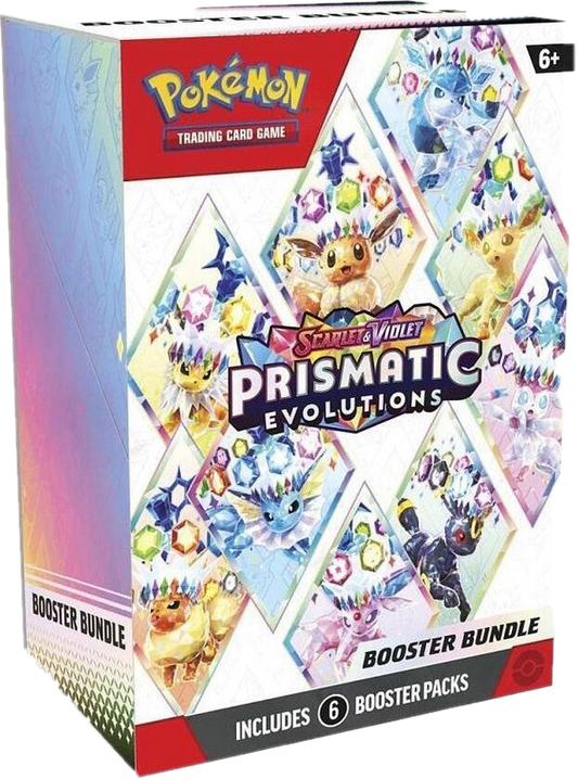 A Pokemon Prismatic Evolutions booster bundle box featuring Eevee and its evolutions.