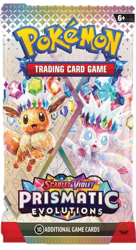 A Pokemon Prismatic Evolutions booster pack featuring Eevee and Sylveon with crystal accents.