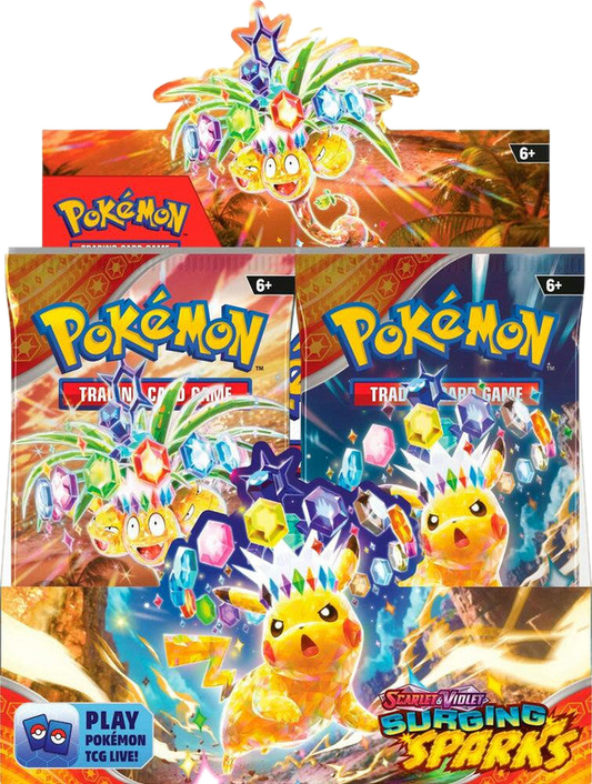 A Pokemon Surging Sparks booster box featuring artwork of Terastal Pikachu and Exeggutor.