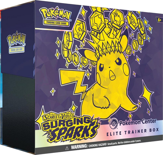 A Pokemon Center Elite Trainer Box for the Scarlet and Violet Surging Sparks expansion.