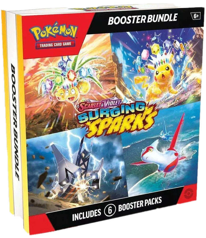 A Pokemon Surging Sparks booster bundle box containing six trading card game booster packs.