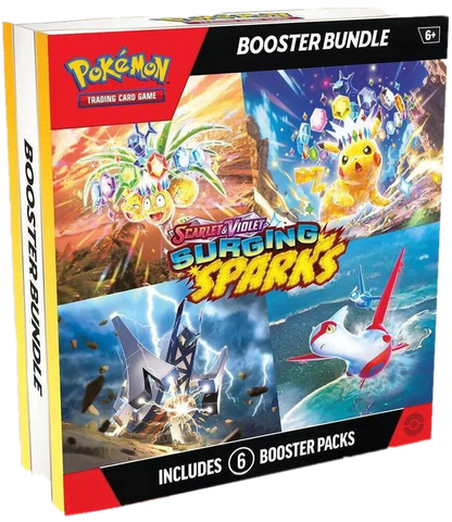 A Pokemon Surging Sparks booster bundle box containing six trading card game booster packs.