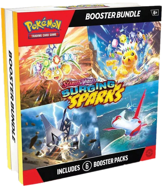 A Pokemon Surging Sparks booster bundle box containing six trading card game booster packs.