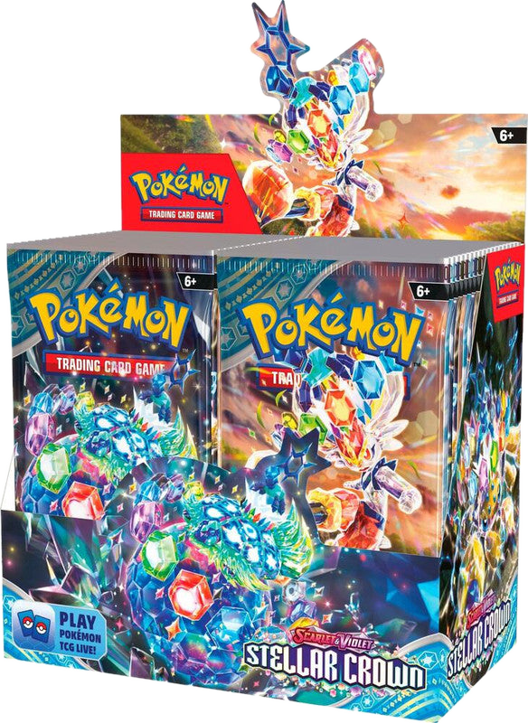 A sealed Pokemon Stellar Crown booster box featuring Terapagos artwork.