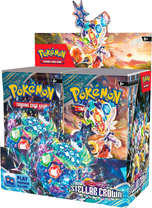 A sealed Pokemon Stellar Crown booster box featuring Terapagos artwork.