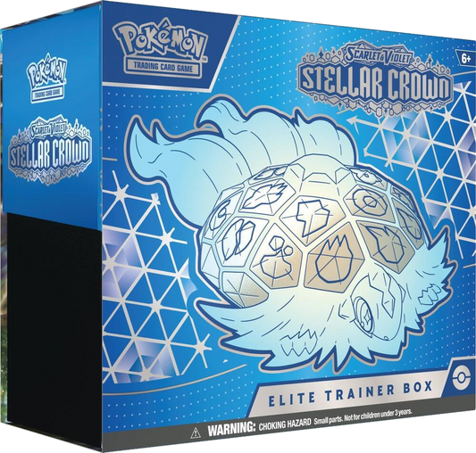 A blue Pokemon Stellar Crown Elite Trainer Box featuring Terapagos on the front.