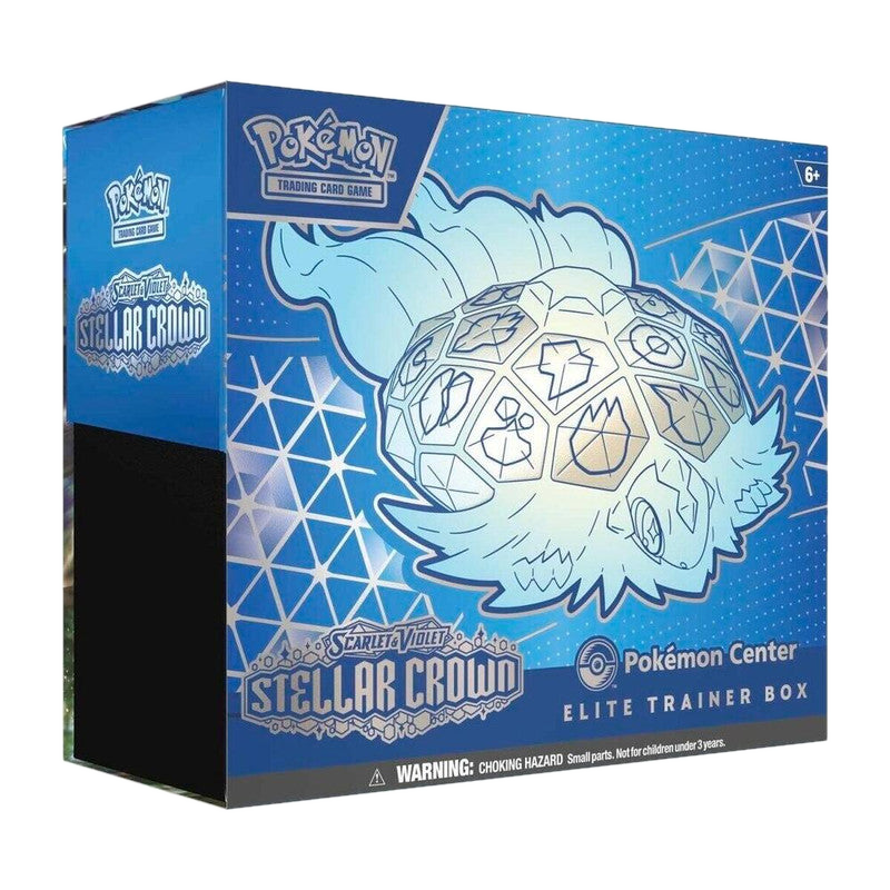 A Pokemon Stellar Crown Elite Trainer Box featuring Terapagos on a blue patterned background.
