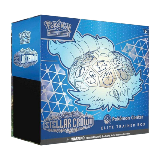 A Pokemon Stellar Crown Elite Trainer Box featuring Terapagos on a blue patterned background.