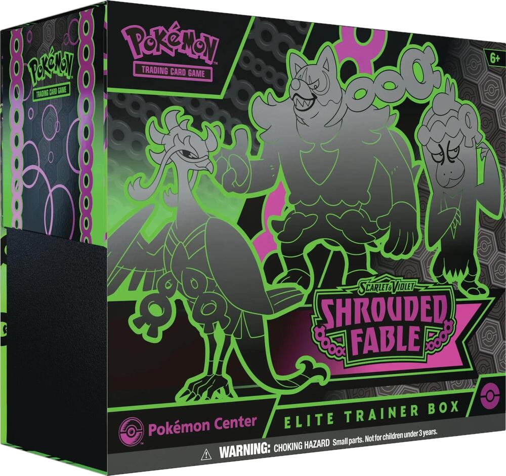 A black and green Pokemon Center Elite Trainer Box for the Shrouded Fable expansion.