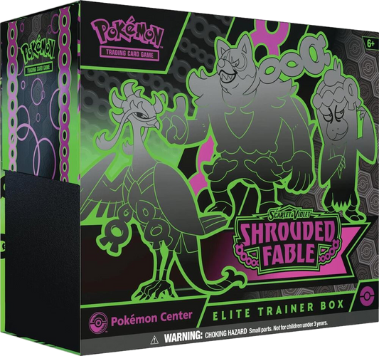 A black and green Pokemon Center Elite Trainer Box for the Shrouded Fable expansion.
