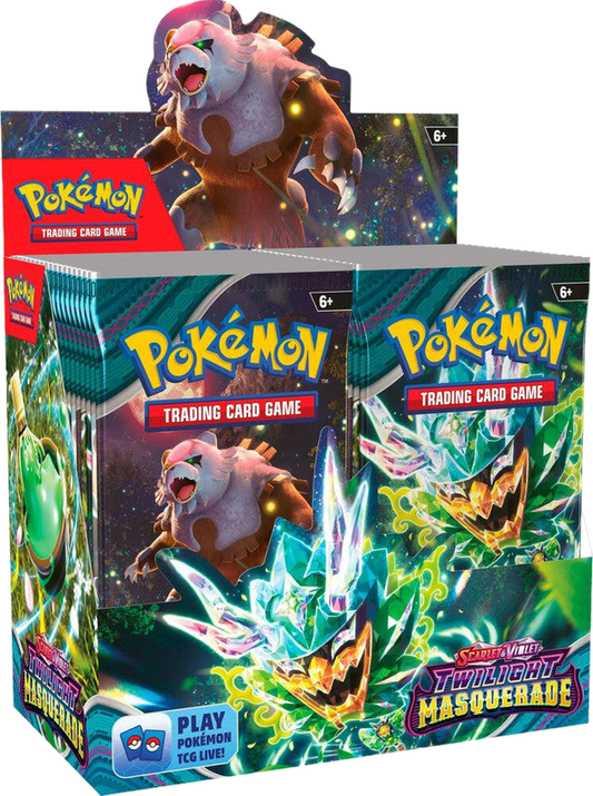 A Pokemon Twilight Masquerade booster box featuring Ogerpon artwork on the packaging.