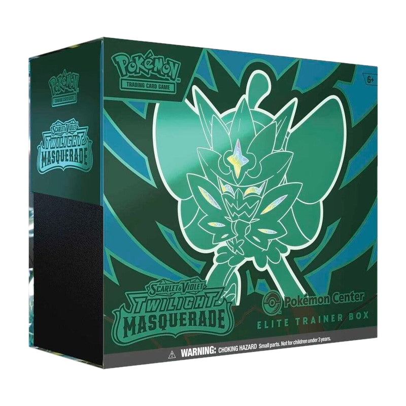 A green Pokemon Center Elite Trainer Box for the Twilight Masquerade expansion.