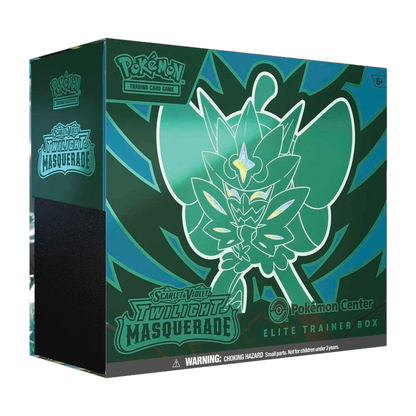 A green Pokemon Center Elite Trainer Box for the Twilight Masquerade expansion.