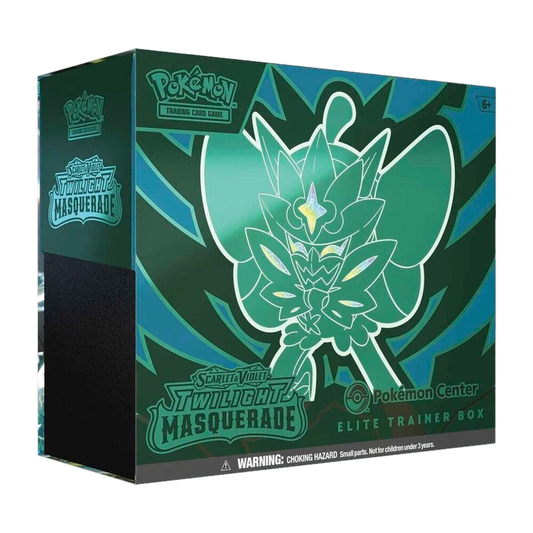 A green Pokemon Center Elite Trainer Box for the Twilight Masquerade expansion.