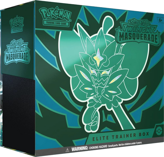 A green Pokemon Twilight Masquerade Elite Trainer Box featuring Ogerpon on the front.
