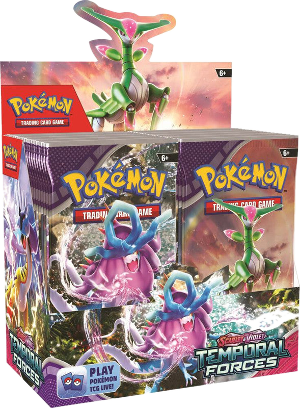 A factory-sealed Pokemon Temporal Forces booster box featuring Iron Leaves and Gouging Fire artwork.