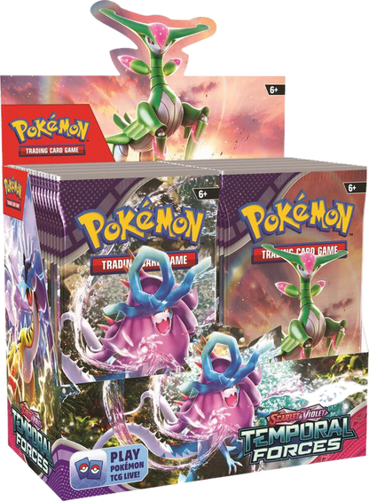 A factory-sealed Pokemon Temporal Forces booster box featuring Iron Leaves and Gouging Fire artwork.